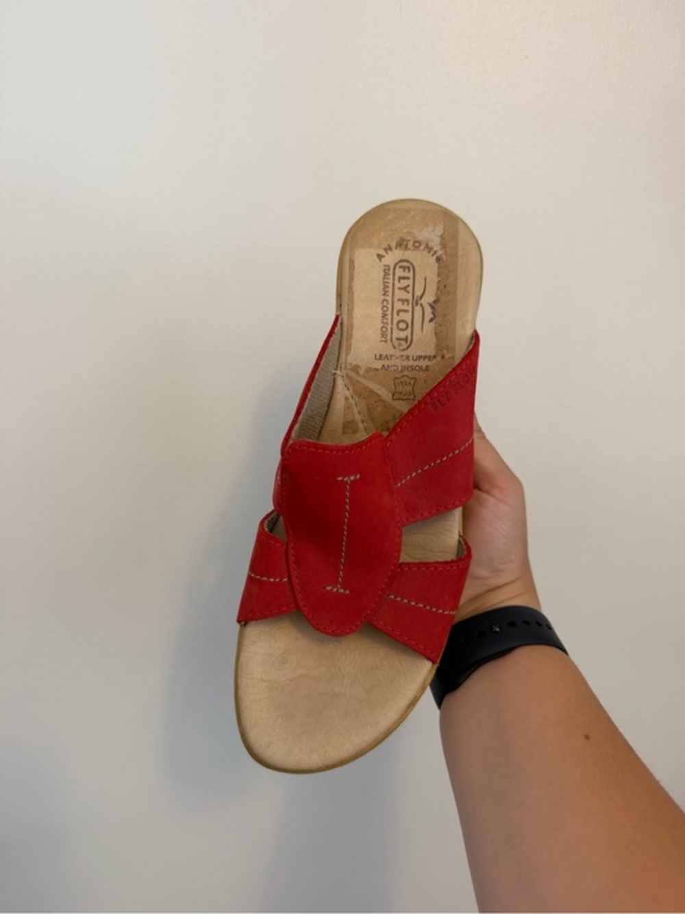 Fly Flot Italian Comfort Red Leather Wedge Sandals Size 38
